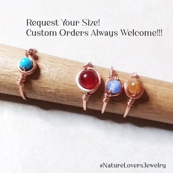 Slim! Dainty! Blue Agate Gemstone Ring + Durable Copper! Sz 5.5 - Custom Size OK - Picture 10 of 11